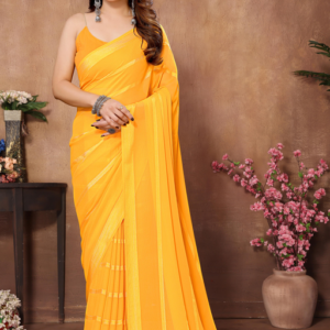 Satin Yellow Color With Shiny Stripe Designs Saree For Festive Wear