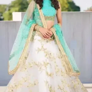 Blue Top with White Embroidered Golden Work Trendy Fashionable Women Lehenga Choli