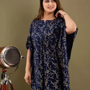 Dark Blue Color Rayon Leaf Printed Short Kaftan Style Women's Top