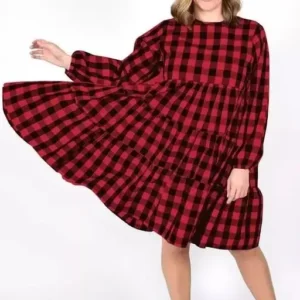 Cotton Red And Black Checks V Neck Women's Dress