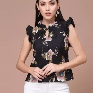 Black Flower Print With Tie-Up and Short Sleeve Women's Top