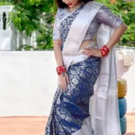 Women's White With Navy Blue Colored Banarsi Silk Party Wear Saree