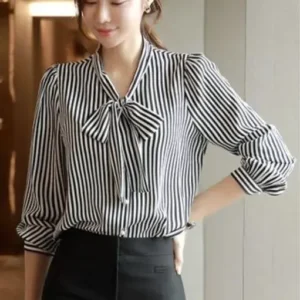 Black And White Color Classic Tie Up Neck Women's Top