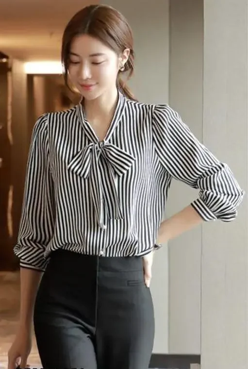 Black And White Color Classic Tie Up Neck Women's Top