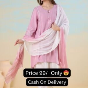 A Line Pakistani Kurta Pink Color Embroidered with White Dhoti And Dupatta