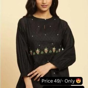 Black Color Cotton Embroidery Work A-Line Tunic Style Short Women's Top