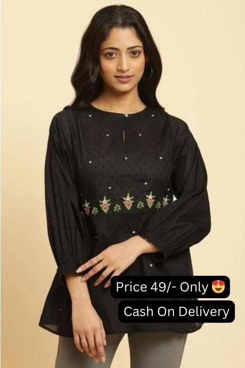 Black Color Cotton Embroidery Work A-Line Tunic Style Short Women's Top