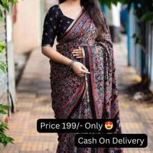 Black Color Floral Print Cotton Saree With Contrast Border And Blouse