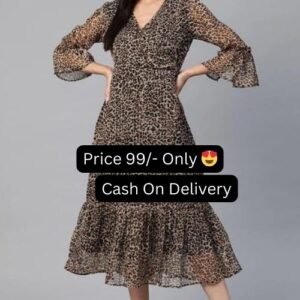 Black Color Leopard Printed Georgette V Neck Long Women Dresses