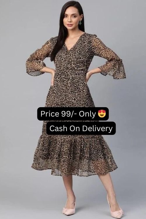 Black Color Leopard Printed Georgette V Neck Long Women Dresses