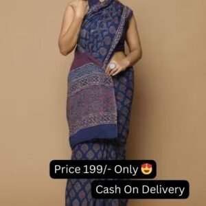 Blue Color Block Print Linen Cotton Saree With Blouse