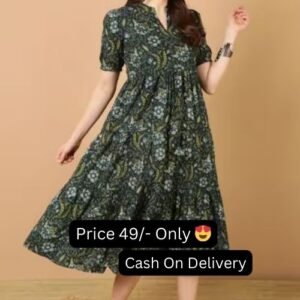 Bottle Green Color Floral Print Collar Cotton Flair Long Women's Dress