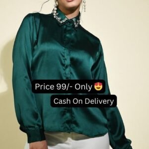 Bottle Green Color Satin Shirt With Studded Collar Women's Top