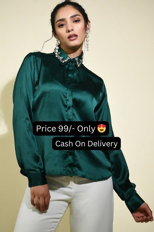 Bottle Green Color Satin Shirt With Studded Collar Women's Top