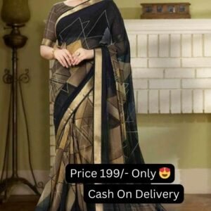 Brown And Black Color Georgette Print Saree And Blouse With Zari Border