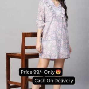 Casual Gray Color Pure Cotton V Neck Printed Short Women's Dress