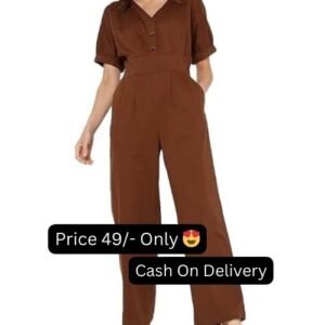 Coffee Color H Line Polyester Puff Sleeve Long Women's Western Jumpsuit