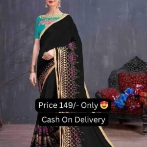 Embroidery Work On Border Black Color Designer Saree With Blouse