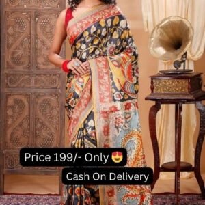 Floral Kalamkari Digital Print Black Color Chanderi Silk Saree