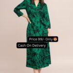 Green And Black Color Floral Print Satin Wrap Long Women's Dresses