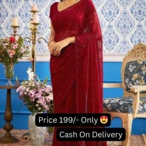 Maroon Color Chiffon Thread Work Stone Embellished Border Saree With Blouse