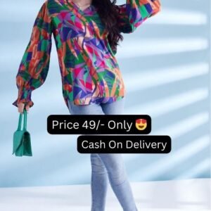 Multi Color Printed Smoked Balloon Sleeve Collar Western Women's Top