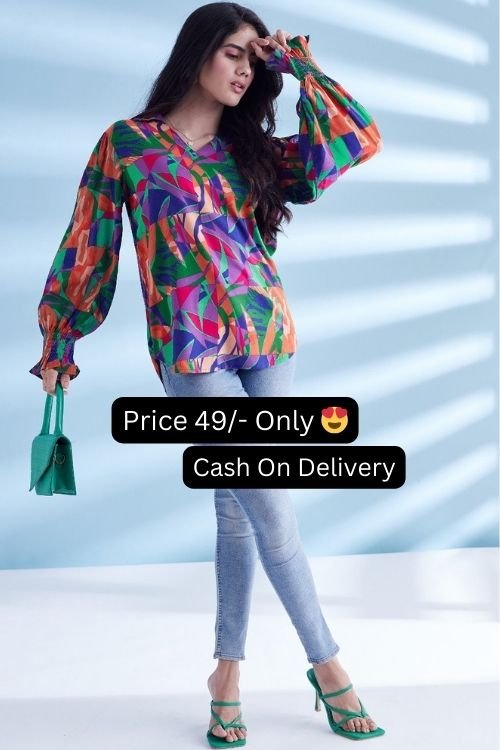 Multi Color Printed Smoked Balloon Sleeve Collar Western Women's Top