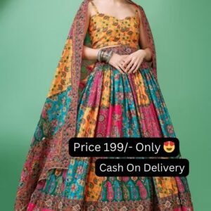 Multi Color Silk Chinoon Print With Lace Work Lehenga Choli With Blouse And Dupatta