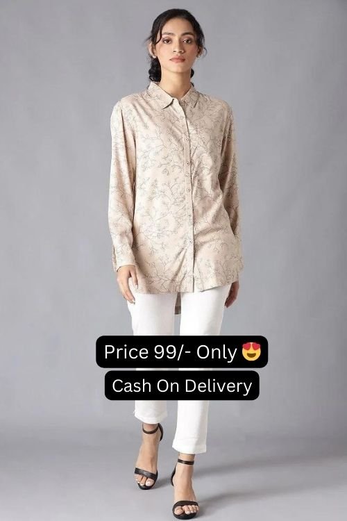Of-White Color Shirt Collar Floral Print High-Low Shirt Type Women's Top