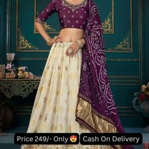 Off-White Color Embroidery Work Dola Silk Lehenga Choli With Purple Dupatta