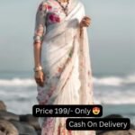 Off White Color Floral Print Linen Cotton Saree With Blouse