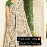 Off White Color Flower Print Chiffon Saree With Border And Blouse