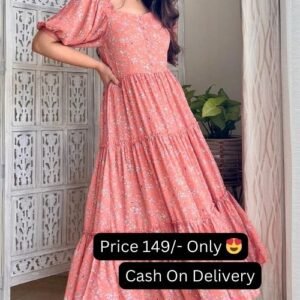 Peach Color Floral Print Squire Neck Georgette Full Flair Long Women's Dress