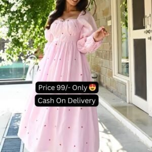 Pink Color Heart Embroidery Work Cotton Long Round Women Dresses