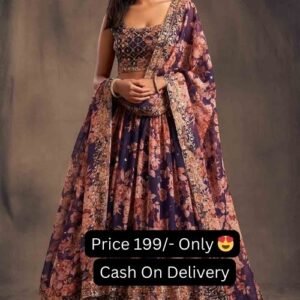 Purple Color Organza Rose Print With Golden Zari Work Lehenga Choli