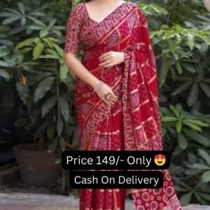 Red Color Ajarak Print Soft Silk Saree With Blouse Piece