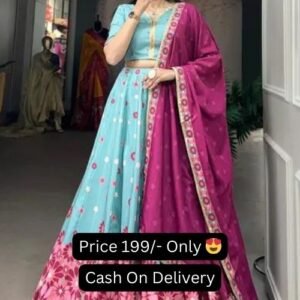 Sky Blue Color Silk Printed Lehenga Choli with Blouse And Rani Pink Dupatta