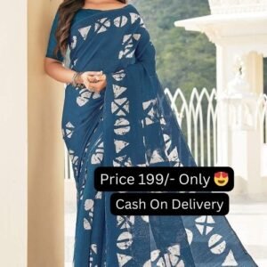 Teal Blue Color Casual Geometric Print Cotton Saree