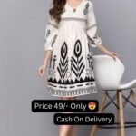 White Color Geometric Print V Neck Rayon Round Tunic Type Women's Dress