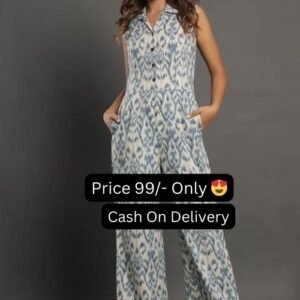 White Color Jaipuri Print Collared Neck Cotton Women's Western Jumpsuit