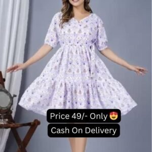 White Color Purple Flower Print Cotton Short Tunic Style Round Women's Dress