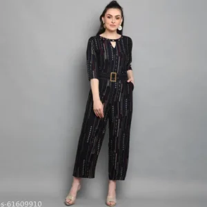 Foil Printed Black Color Pure Rayon Long Women's Jumpsuit With Belt