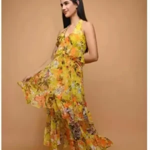 Sunshine Floral Print Yellow Color Frill Long Women's Dress