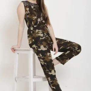 Casual Army Print Full Length Sleeveless Solid Women's Jumpsuit