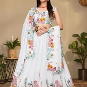 White Georgette With Multi Colored Embroidery Work Stylish Lehenga Choli