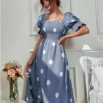 Gray Color White Doted Feminine Women Dresses