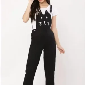 Cotton Black Color Round Neck Cat Print Dungaree Type Women's Jumpsuit