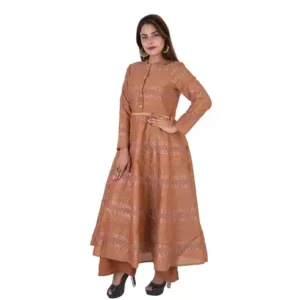 Light Brown A-Line Collar Neck Kurta Parallel Pants Set