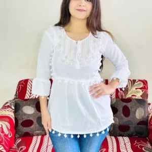 Cotton Fabric V Neck White Color Western Women's Top