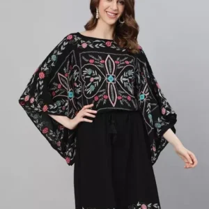 Cotton Black Embroidery Work Kaftan With Kimono Sleeve Women's Dress